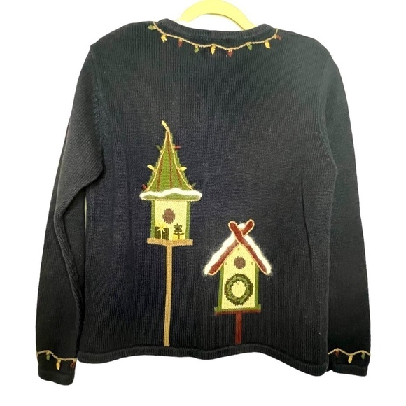 Vintage Moose & Birdhouse Christmas Sweater Cardigan Navy Size S - Picture 6 of 8
